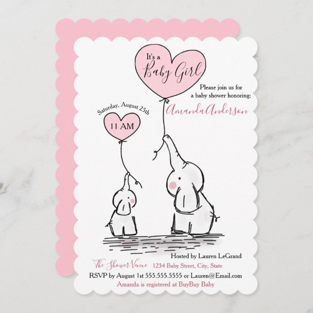 Pink, White Grey Elephant Baby Shower Invitation (Front/Back)