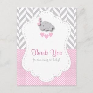 Pink, White Grey Elephant Baby Shower Thank You Postcard