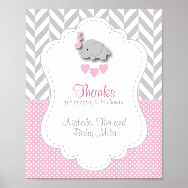 Pink, White Grey Elephant Baby Shower Thank You Poster (Front)