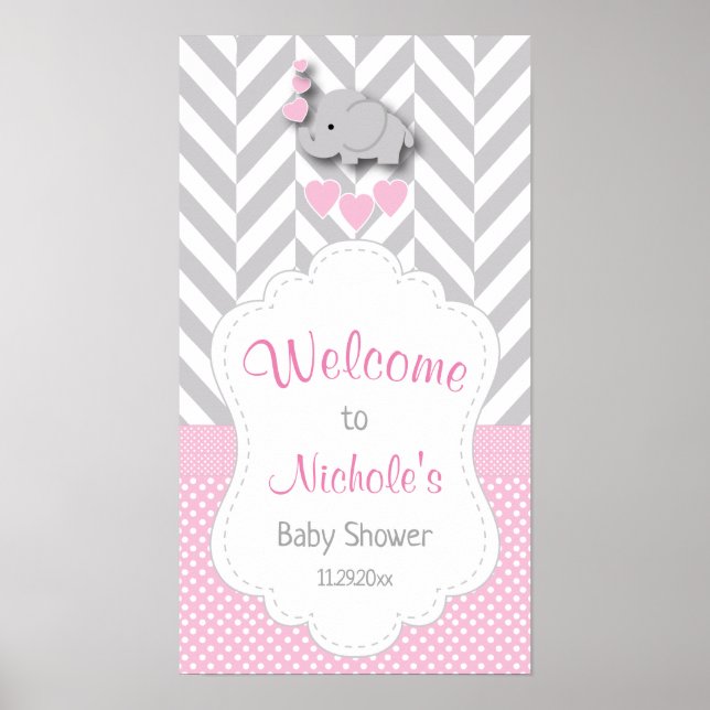 Pink, White & Grey Elephant Baby Shower Welcome Poster (Front)