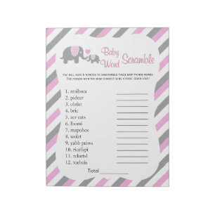 Pink, White & Grey Elephant Baby Shower Word Game Notepad