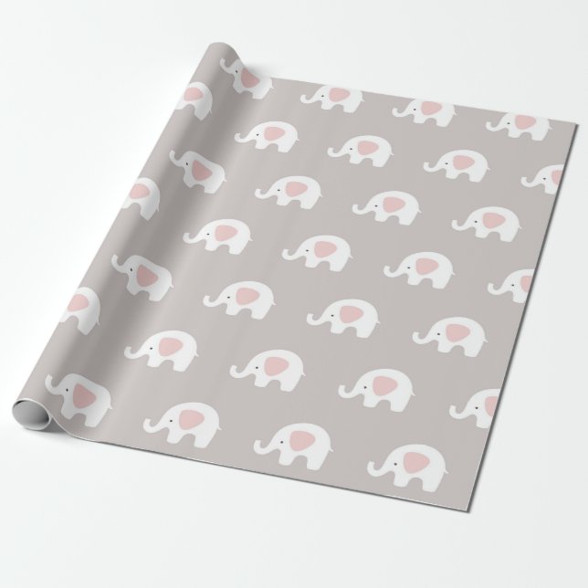 Pink White Grey Princess Elephant New Baby Wrapping Paper (Unrolled)