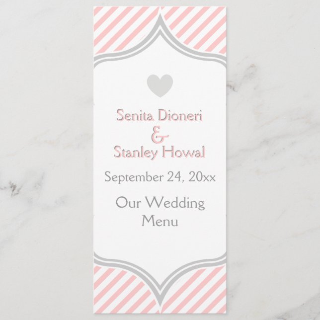 Pink, white, grey stripes wedding menu card (Front)