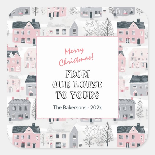 Pink White Grey Vintage Houses Christmas Stickers (Front)