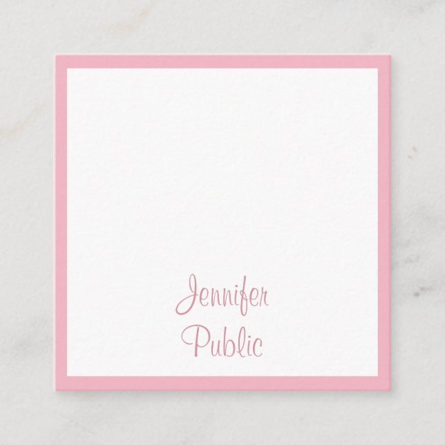 Pink White Handwritten Script Template Elegant Top Square Business Card (Front)