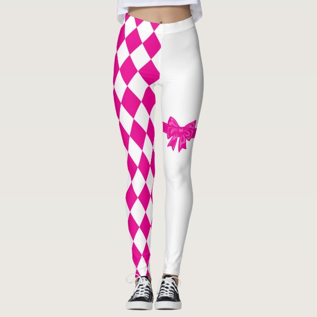 Pink White Harlequin Diamond Mardi Gras Leggings (Front)