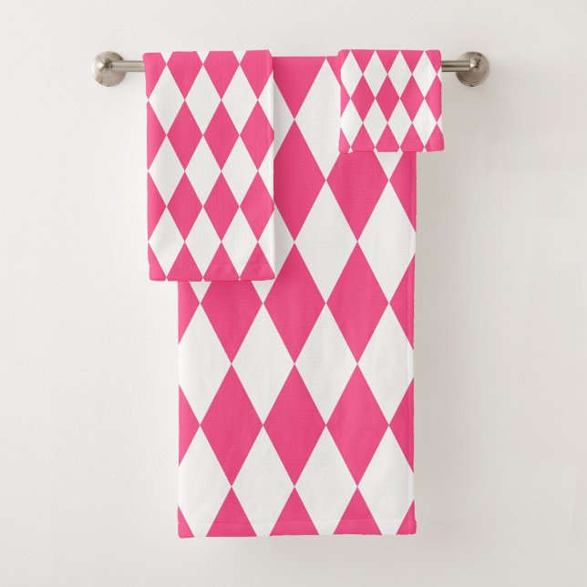 Pink White Harlequin Diamonds Checkers Design  Bath Towel Set (Creator Uploaded)
