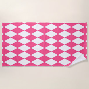 Pink White Harlequin Diamonds Checkers Design Beach Towel