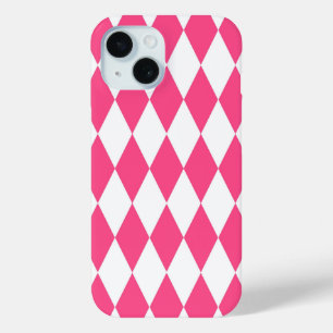Pink White Harlequin Diamonds Checkers Design iPhone 15 Case
