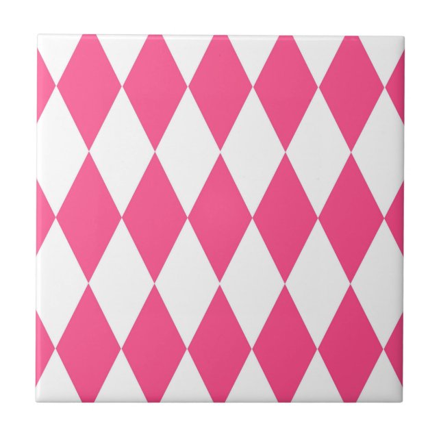 Pink White Harlequin Diamonds Checkers Design  Ceramic Tile (Front)