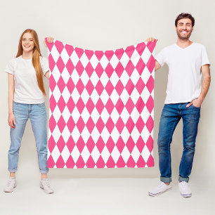 Pink White Harlequin Diamonds Checkers Design Fleece Blanket