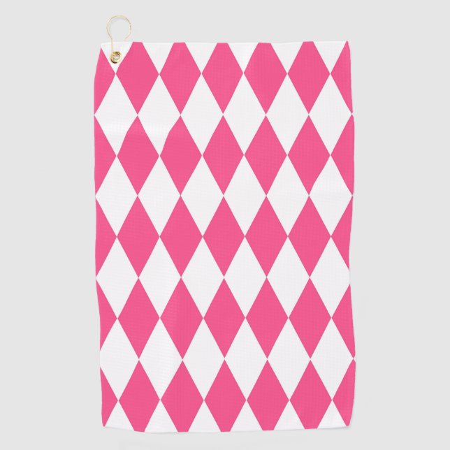 Pink White Harlequin Diamonds Checkers Design  Golf Towel (Front)