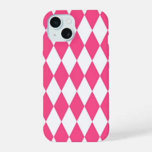 Pink White Harlequin Diamonds Checkers Design iPhone 15 Case