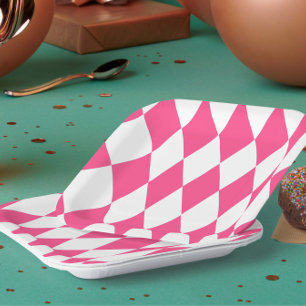 Pink White Harlequin Diamonds Checkers Design Paper Plate