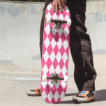 Pink White Harlequin Diamonds Checkers Design  Skateboard<br><div class="desc">Geometric Pink and White Colour Harlequin Diamond Shapes Pattern Design</div>
