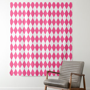 Pink White Harlequin Diamonds Checkers Design  Tapestry