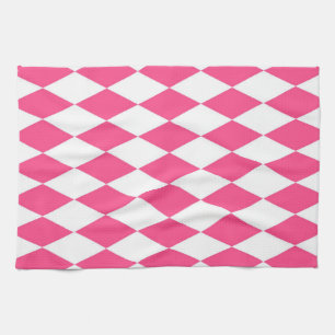 Pink White Harlequin Diamonds Checkers Design Tea Towel