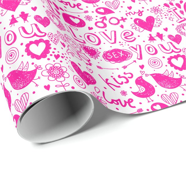 Pink & White Hears, Birds, Cupid, Kiss Love Wrapping Paper (Roll Corner)