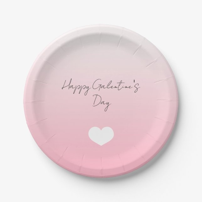 Pink White Heart Happy Galentine's Day Custom Paper Plate (Front)
