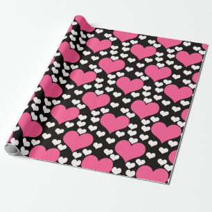 Pink White Hearts On Black  Wrapping Paper