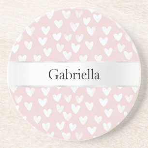 Pink White Hearts Personalised Coaster