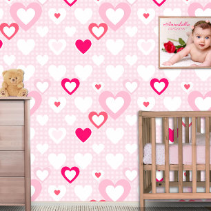 Pink White Hearts Polka Dots Baby Decor Wallpaper
