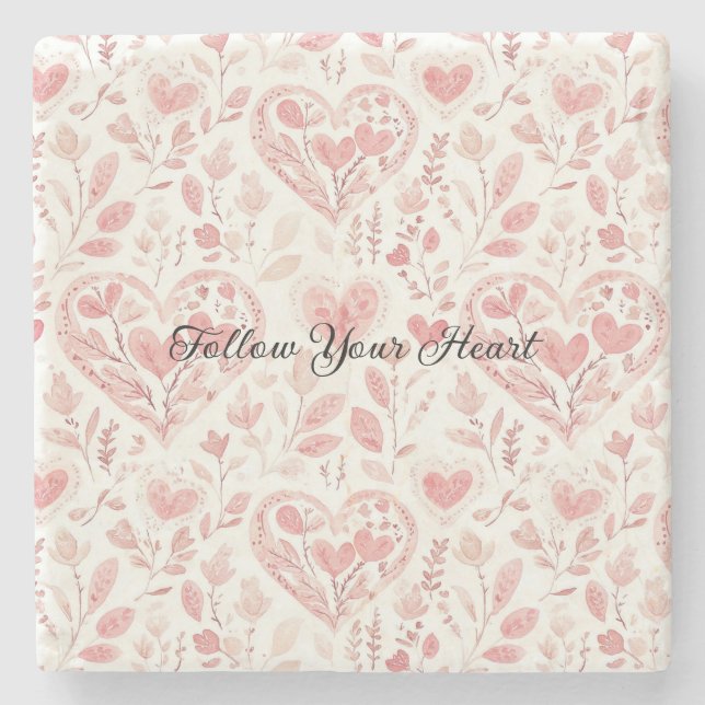Pink White Hearts Stone Coaster (Front)