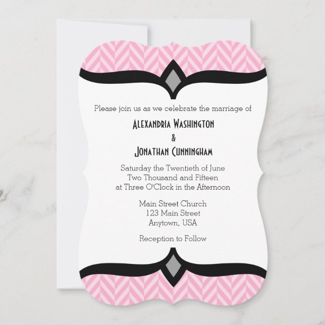 Pink White Herringbone Wedding Invitation (Front)