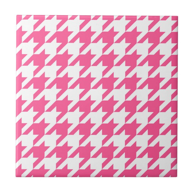 Pink White Houndstooth Check Design  Ceramic Tile (Front)