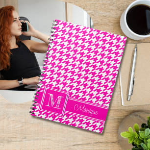 Pink White Houndstooth   Modern Monogram Notebook