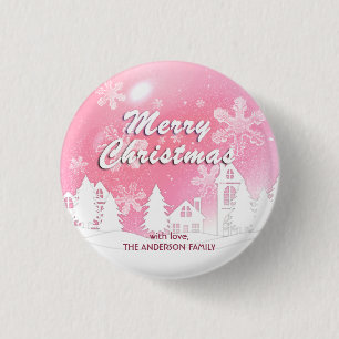 Pink White House Snowflakes Xmas Happy New Year 3 Cm Round Badge