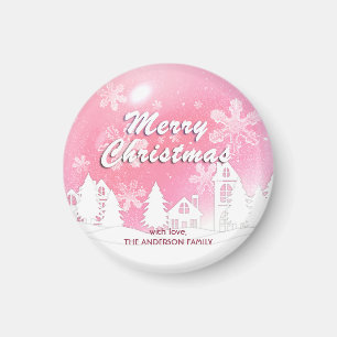 Pink White House Snowflakes Xmas Happy New Year Magnet