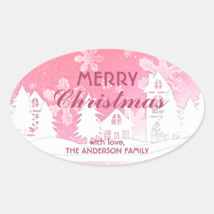 Pink White House Snowflakes Xmas Happy New Year Oval Sticker