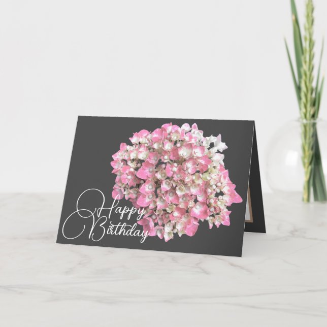 Pink/White Hydrangea Grey Backdrop Happy Birthday Card (Front)