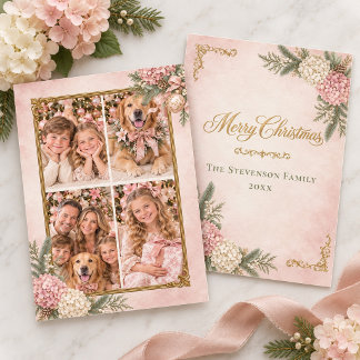 Pink & White Hydrangea Heirloom Photo Christmas Holiday Card
