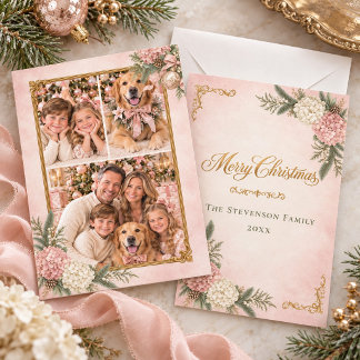 Pink & White Hydrangea Heirloom Photo Christmas Holiday Card