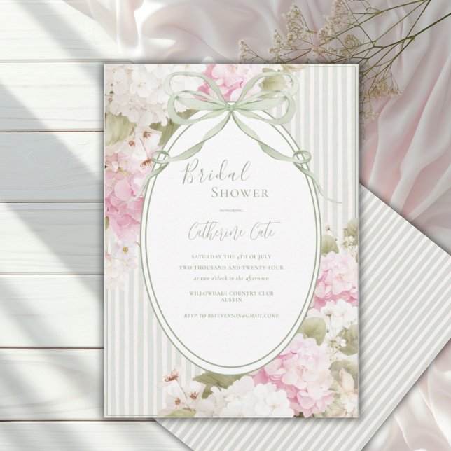 Pink White Hydrangeas Sage Green Bridal Shower Invitation (Creator Uploaded)