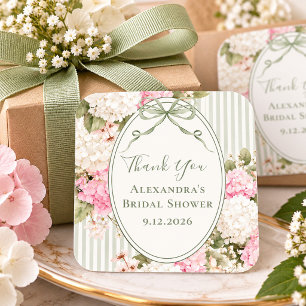 Pink White Hydrangeas Sage Green Bridal Shower Square Sticker