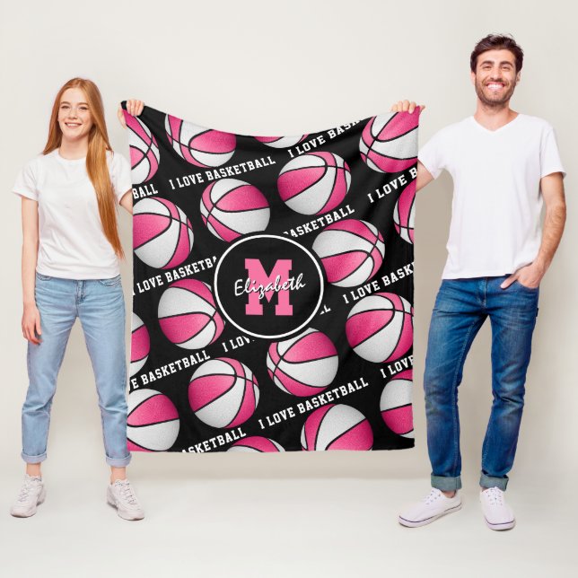 pink white I love basketball girl's sports room Fleece Blanket (In Situ)