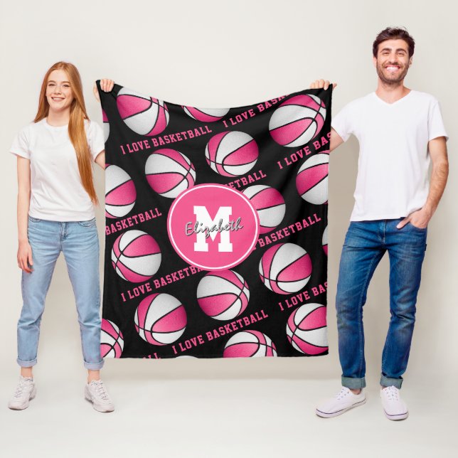 pink white I love basketball girl's sports room Fleece Blanket (In Situ)