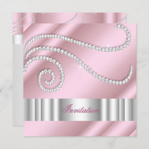 Pink White Jewel diamonds Silver Birthday Party Invitation