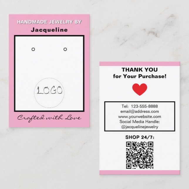 Pink White Jewelry Earrings Logo QR Code Business Card (Front/Back)