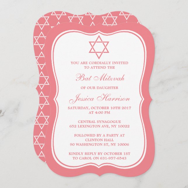 Pink & White Jewish Star Of David Bat Mitzvah Invitation (Front/Back)