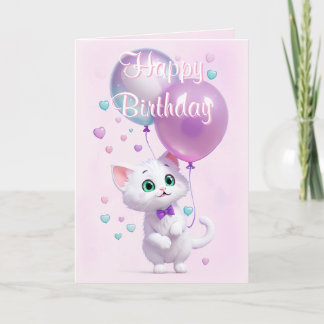 Pink White Kitten with Balloons Birthday Card