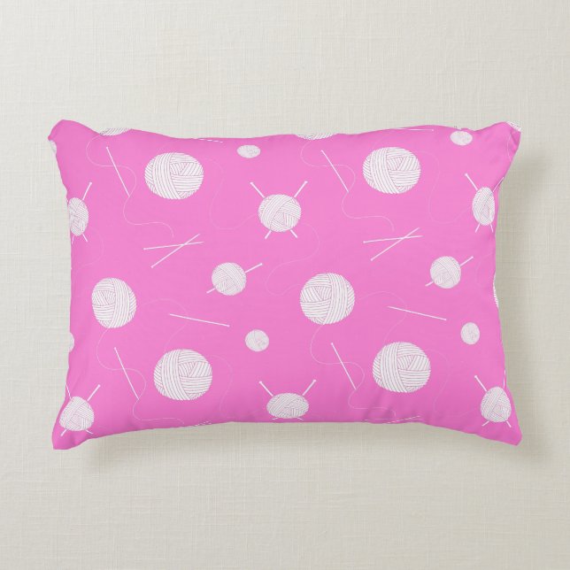 Pink White Knitting Needles and Yarn Patterned Decorative Cushion (Front)