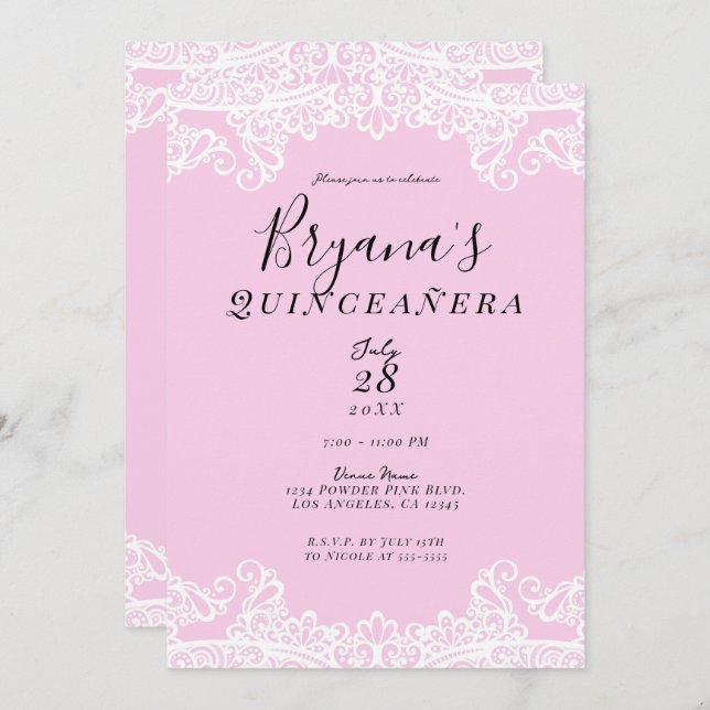 Pink & White Lace Elegant Quinceañera   Invitation (Front/Back)