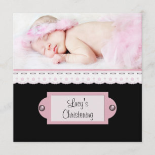 Pink White Lace Pink Black Girl Photo Christening Invitation