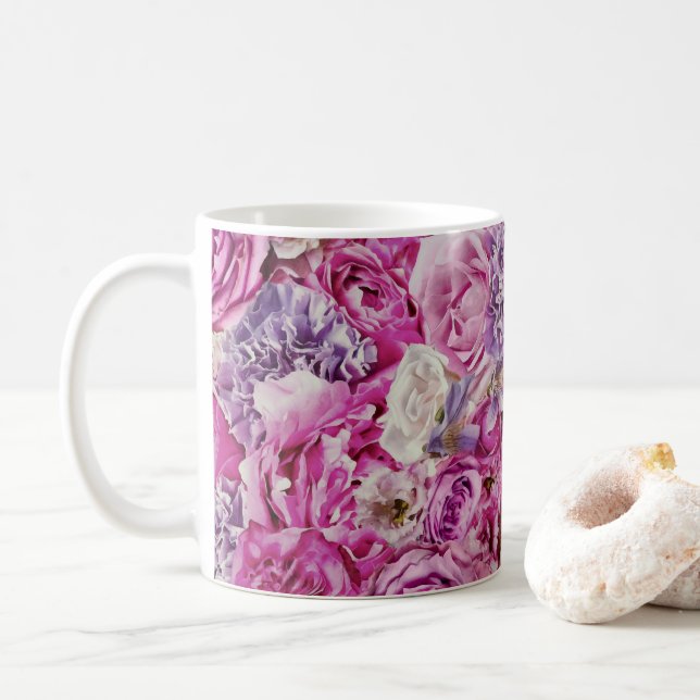 Pink White Lavender Rose Flowers Pattern Coffee Mug (With Donut)