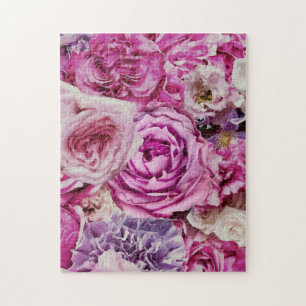 Pink White Lavender Rose Flowers Pattern Jigsaw Puzzle