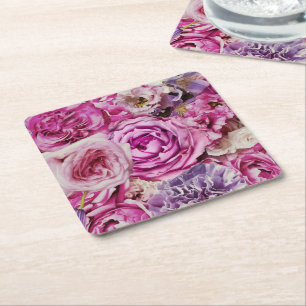 Pink White Lavender Rose Flowers Pattern Square Paper Coaster
